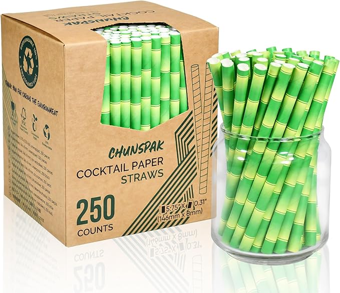 Paper Straws, 250 Count Green Bamboo Disposable, 5.75 Inch Giant