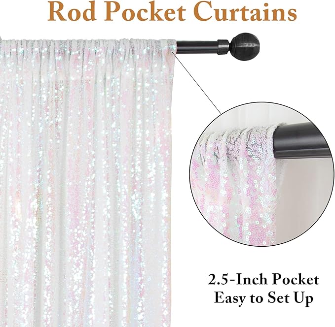 ShinyBeauty 8 Panels Iridescent White Sequin Backdrop | 2Ft x 8Ft Sparkly Photo Booth Background | Glitter Curtains for Baby Showers & Events | Durable & Elegant Shimmer Backdrop