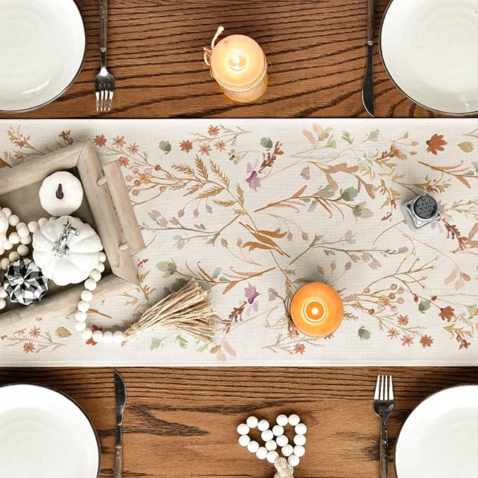 Artoid Mode Floral Leaves Fall Table Runner, Wild Flowers and Grasses Seasonal Autumn Kitchen Dining Table Decoration for Home Party Decor 13x90 Inch