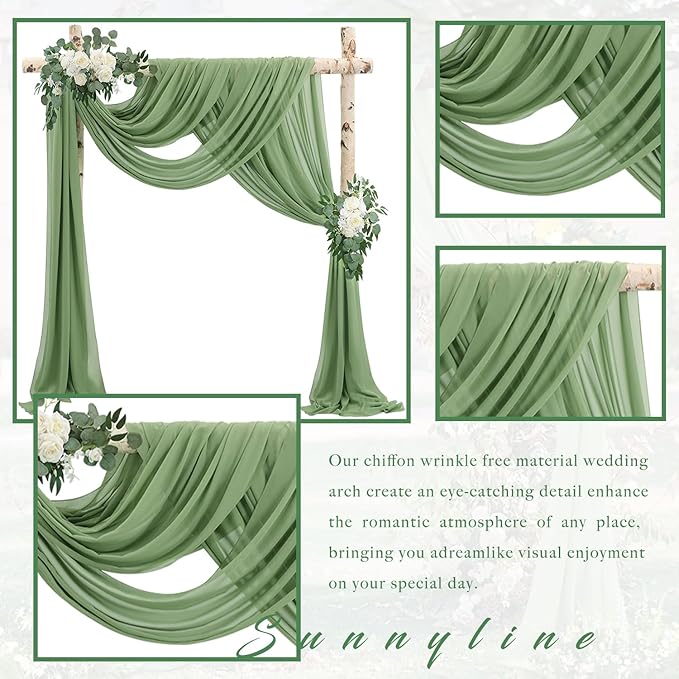 Wedding Arch Draping Fabric, Sage Green Chiffon, 4 Panels 20 Ft