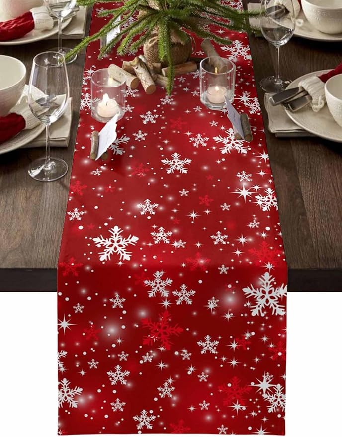 Christmas Snowflakes Cotton Linen Table Runner for Dining Kitchen, Red Xmas Winter Snow Wedding Outdoor Party Tablerunners Decoration, New Year Dresser Scarf Coffee Tablecloth Runners 13x120 Inches