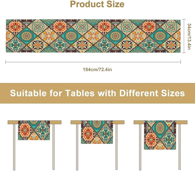 Bohemian Patchwork Table Runnerboho Colorful Tile Patchwork Indian Floral Print Table Runner for Home Kitchen Indoor Outdoor Party Wedding Decor, 13x60inch