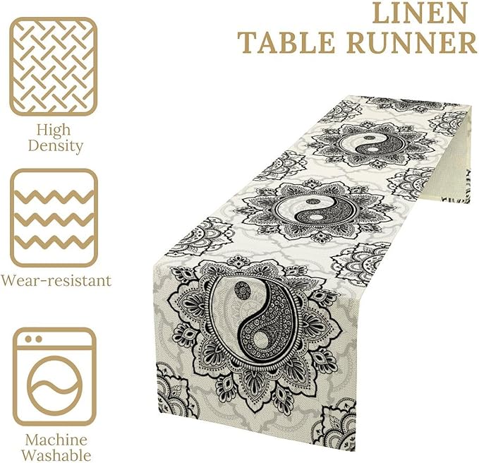 Yin Yang Table Runner, Bohemian Mandala Vintage Black White Traditional Oriental Floral Print Table Runner for Home Kitchen Dining Table Wedding Party Decor, 13x108inch