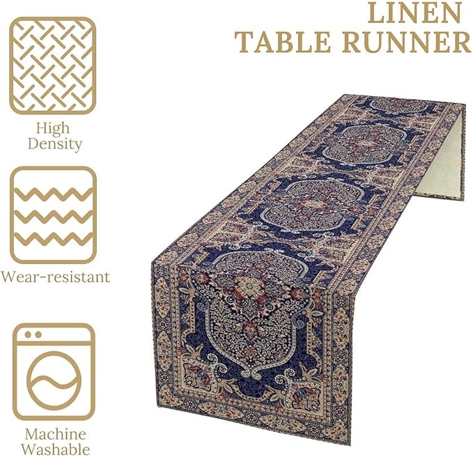Boho Floral Vintage Table Runner, Blue Purple Retro Flower Rustic Country Farmhouse Pattern for Home Kitchen Table Decor Dining Coffee Room Party Decor 13x90in