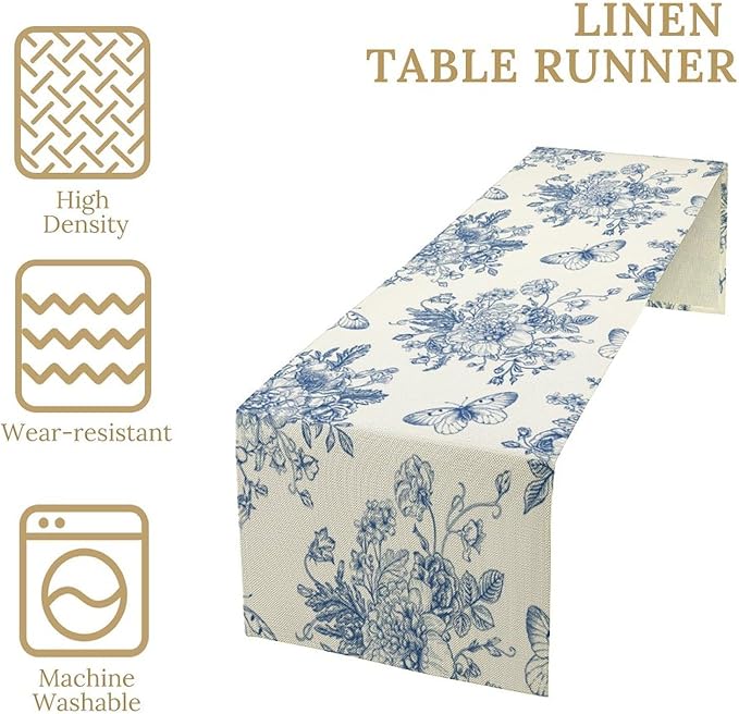 Monochrome Sketch Flowers Table Runner, Seasonal Spring Fall Plants Blue Florals Butterfly Dinner Runner for Home Kitchen Dining Table Party Holiday Decoration 13"x36"