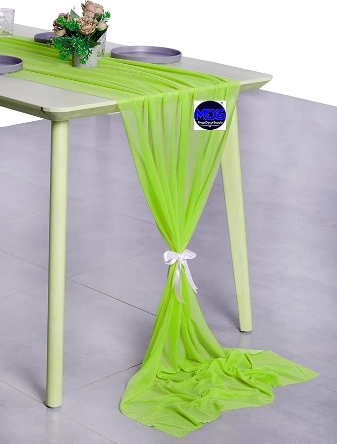MDS 15 Pack 10ft Chiffon Table Runner 29 x 120 Inches Sheer Wedding Runner Romantic Rustic Table Runner for Wedding Decorations, Birthday Parties, Bridal Shower Party Arch Decor - Parrot Green