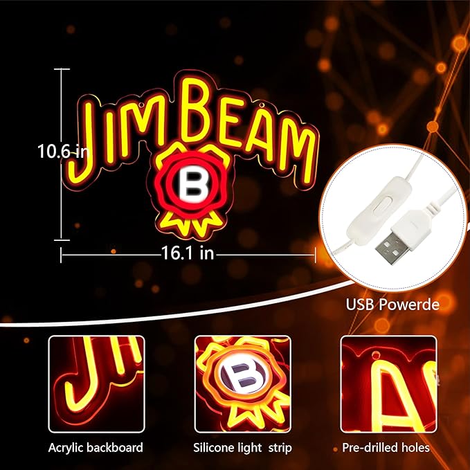 Bar Neon Sign, Jim Beam Whiskey LED Neon Light for Wall Decor, USB Powered Neon Signs, Acrylic Neon Lights for Man Cave, Bedroom, Home Bar, Store, Club, Bistro, Party, Gifts