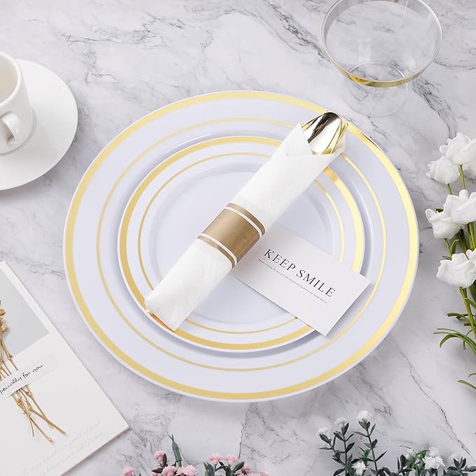 BESTVIP 350PCS Gold Plastic Dinnerware Set, Disposable Party Plates for 50 Guests, Include: 100 Plastic Plates, 50 Pre Rolled Napkins with Gold Silverware, 50 Cups