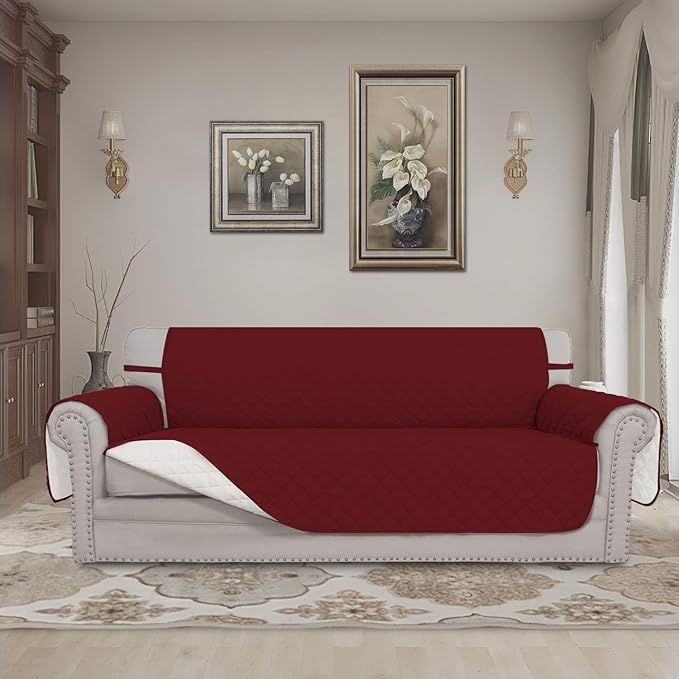 Sofa Slipcover for 3-Cushion Couch, Reversible Red/Ivory Quilted Microfiber