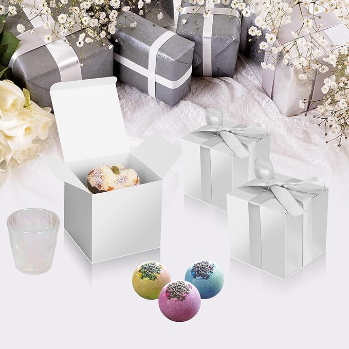 Gift Boxes with Lids, Silver 3x3x3 Inch Kraft Paper Favor Boxes, 50 Pack