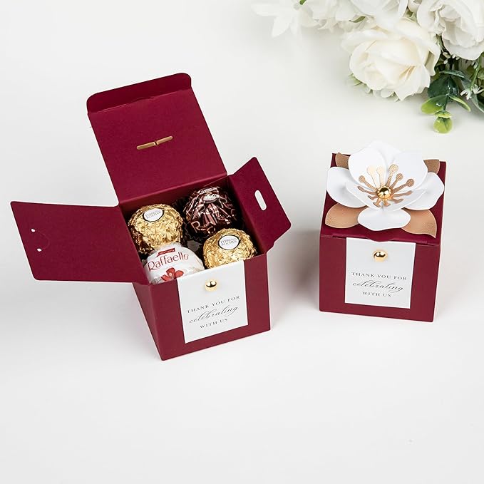 Gift Boxes, 20 Burgundy Favor Boxes with White Floral Decor and Tags