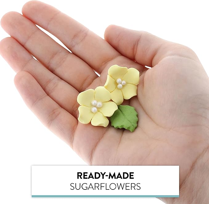 Edible Cake Toppers: Small Yellow Gumpaste Flowers and Leaves, 24 Count