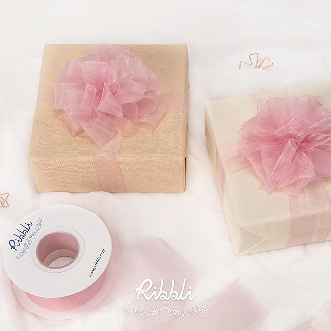 Ribbli Rose Pink Sheer Organza Ribbon,1 Inches x Continuous 50 Yard Use for Gift Wrapping,Bouquet Wrapping,Wedding Decoration,All Crafting and Sewing