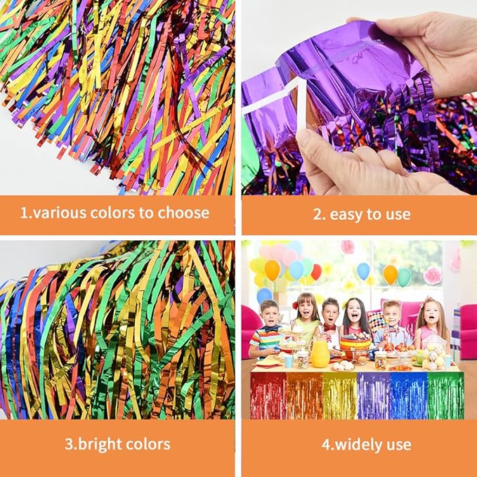 BEISHIDA 2 Pack Silver Table Skirts Party Decorations Metallic Tinsel Foil Fringe Table Skirts Table Decors for Rectangle and Round Table Birthday Holiday Party Cartoon Party