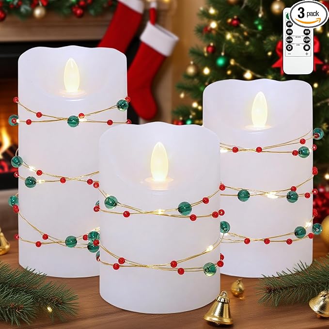 Christmas Flameless Candles with Red Green Beads String Lights - Real Wax Christmas Decor Battery Operated Candles with Remote & Timer- Home Party Bedroom Holiday Xmas Decorations - Set of 3