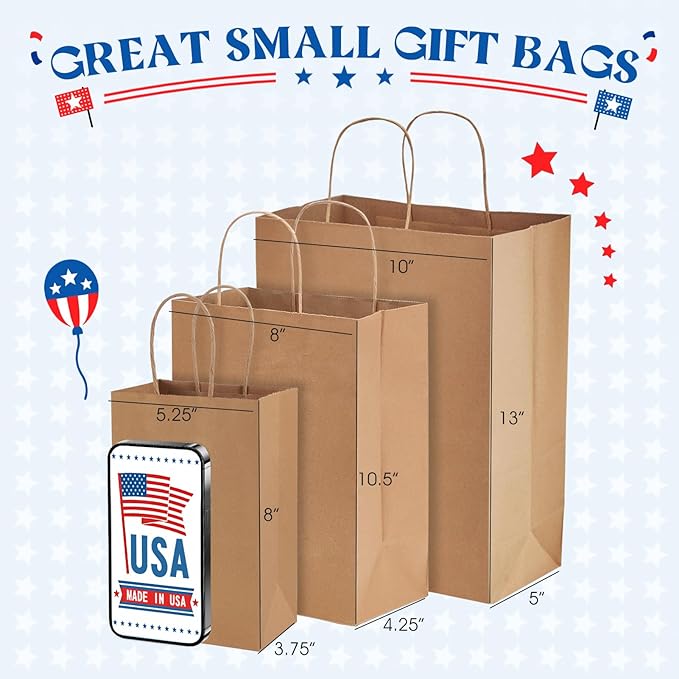 Gift Bags, Brown Kraft Paper, 5.25 x 3.75 x 8 Inch, Pack of 500