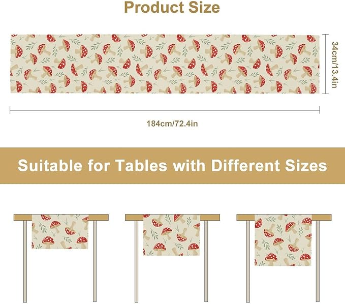 Mushroom Table Runner,Vintage Plant Print Table Runner for Kitchen Dining Table Home Party Decoration 13x108 Inch