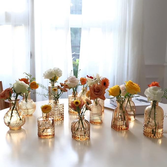 Set of 22 Amber Glass Mini Bud Vase For Bulk Rustic Wedding Decorations, Centerpieces, Vintage Look Home Table Flower Décor,Clear