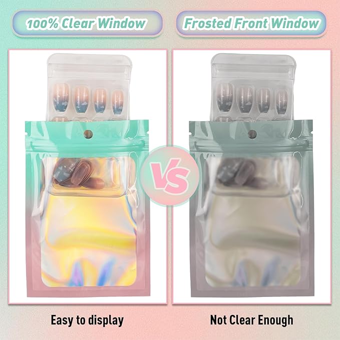 Funfery 100 Pack Gradient Holographic Bags,Mylar Resealable Bags with Zipper,Clear Window Packaging Pouchs,Smell Proof Foil Bag for Food Storage,Sample Jewelry Bag(3.5x4.7In,Green Pink)