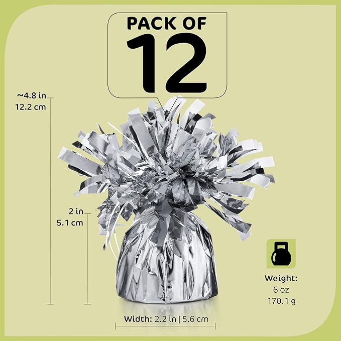 Balloon Weights, 12-Pack Silver Round Metallic Foil Decor