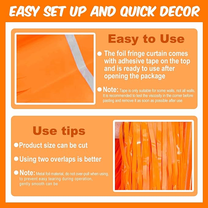 6 Pack Macaron Orange Foil Fringe Curtains Backdrop, 3.28 x 8.2 Ft Metallic Streamers Tinsel Curtains Background for Photo Booth, Birthday, Weddings, Carnivals, Graduation, Themed Party Decorations