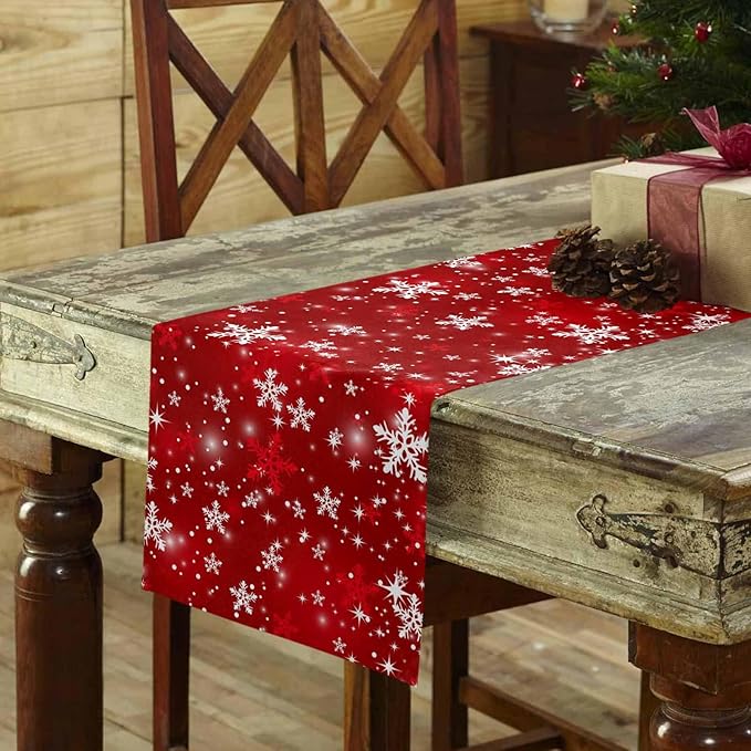 Christmas Snowflakes Cotton Linen Table Runner for Dining Kitchen, Red Xmas Winter Snow Wedding Outdoor Party Tablerunners Decoration, New Year Dresser Scarf Coffee Tablecloth Runners 13x120 Inches