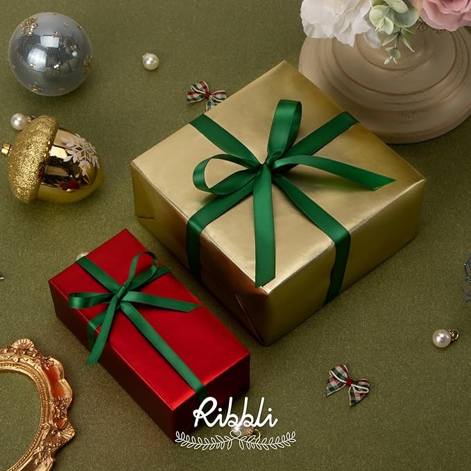 Ribbli Forest Green Satin Ribbon Double Faced Satin 1/4 Inch x Continuous 100 Yards-Green Ribbon for Gift Wrapping Crafts Wedding Decoration Bows Bouquet Floral Arrangement