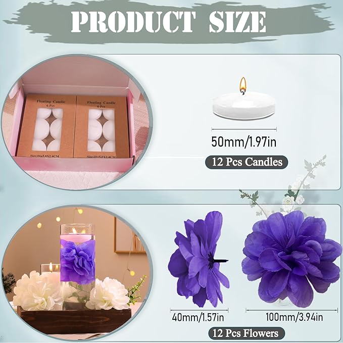 Vase Fillers: 24 Purple Floating Flowers and White Floating Candles