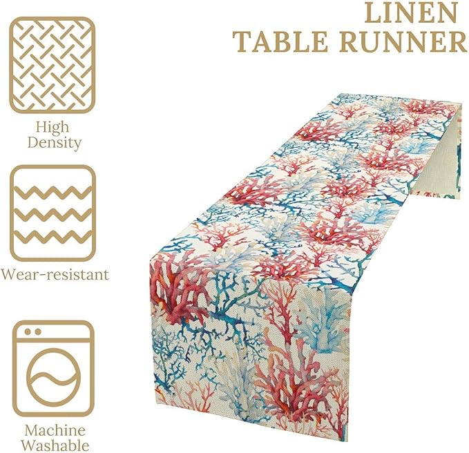 Blue Beach Table Runner, Tropical Ocean Coast Table Runner, Seashell Seasonal Nautical Restaurant Coffee Table Decorations for Home Holiday Party Indoor Outdoor 13x36 Inch