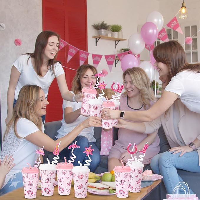 Yungyan 24 Sets Pink Cowgirl Party Favors Goodie Cups with Lids and Straws for Halloween Party Decorations Reusable 16oz Plastic Candy Cups Plastic Straws for Birthday Gift(Pink Cowgirl)