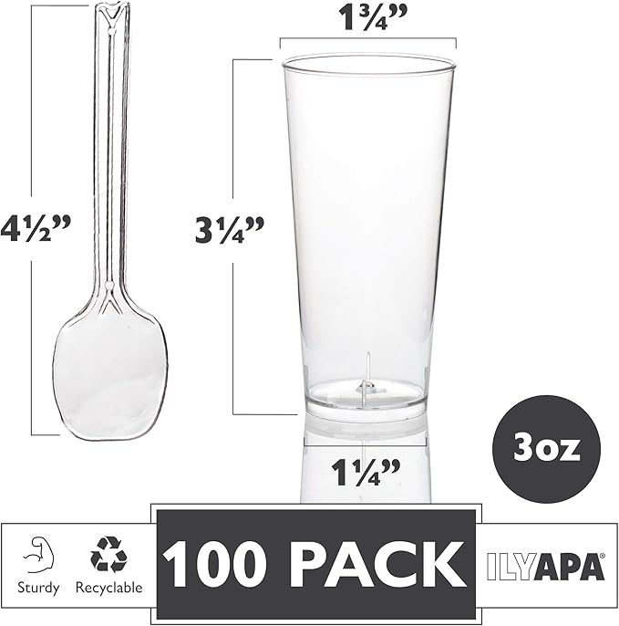 Ilyapa 3oz Plastic Dessert Cups - 100 Pack Mini Dessert Cups with Spoons - Clear Reusable Small Appetizer Cup for Cheesecake Shooters, Chocolate Mousse, Parfait - Party and Catering Supplies - Round