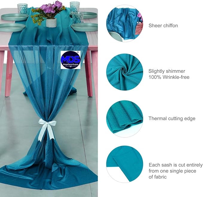 MDS 15 Pack 10ft Chiffon Table Runner 29 x 120 Inches Sheer Wedding Runner Romantic Rustic Table Runner for Wedding Decorations, Birthday Parties, Bridal Shower Party Arch Decor - Dark Teal