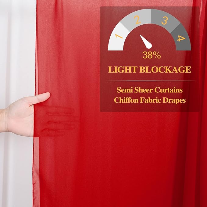 DUOBAO Chiffon Backdrop Curtain-2 Panels 29x108-Inch Red Wedding Fabric Drapes Beach Curtains for Living Room Voile Window Drapes Photography Background for Wedding Ceremony (Red)