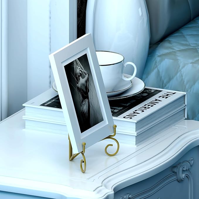 Plate Display Stands with Hinged Folding Design, 8 Inch Picture Frame Stand for Tables, Decorative Easels for Plates, Photos, Cards and Books, 8’’ Gold