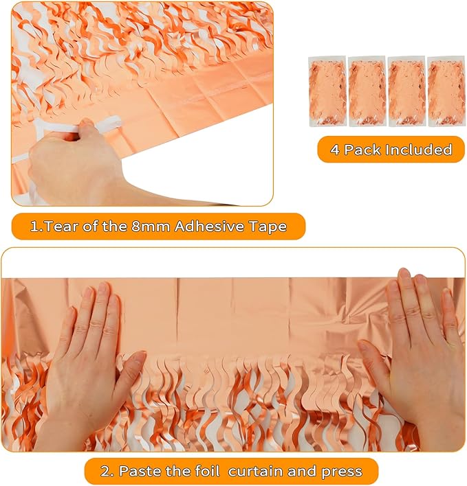 4 Pack Rose Gold Backdrop Birthday Decorations - 3.3x6.6ft Wavy Tinsel Foil Backdrop Party Streamer Party Supplies Background | Tinsel Curtain Backdrop for Parties