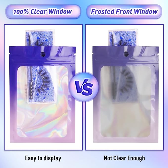 Funfery 100 Pack Holographic Bags,Resealable Bag with Zipper,Clear Window Packaging Pouch,Foil Bags for Food Storage,Sample Jewelry Baggies(4.7×7in,Purple Pink)