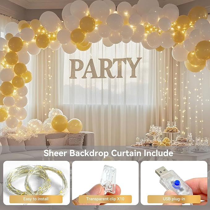 Ledido 10×8ft Tulle Backdrop Curtains with Lights String - 300LED Fairy Lights Sheer Curtain Backdrop for Weddings Baby Shower and Birthday Party Decorations(6 Panels 5×8ft)