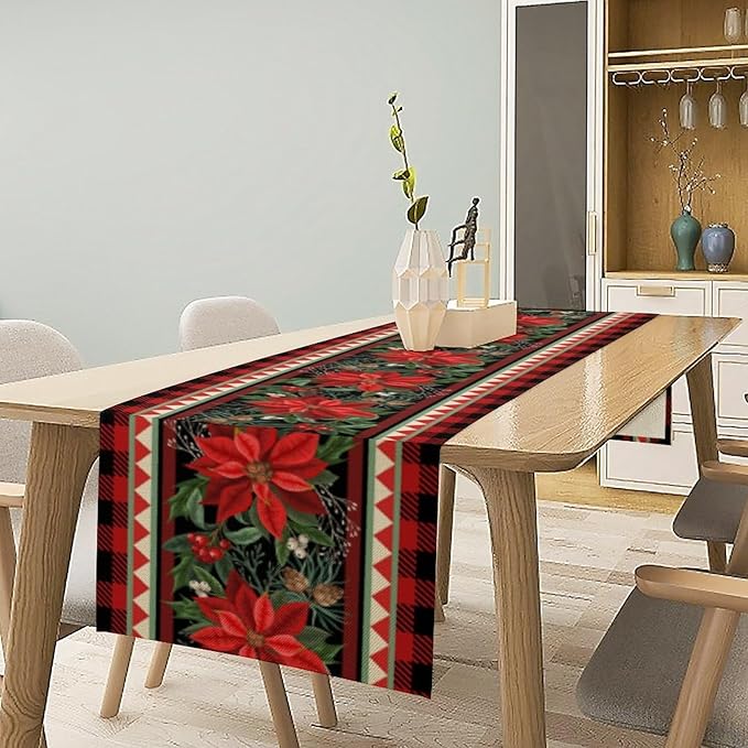 Christmas Table Runner,Seasonal Winter Xmas Holiday Plaid Table Cloth Kitchen Dining Table Decoration for Home Party Decor 13x60 Inch