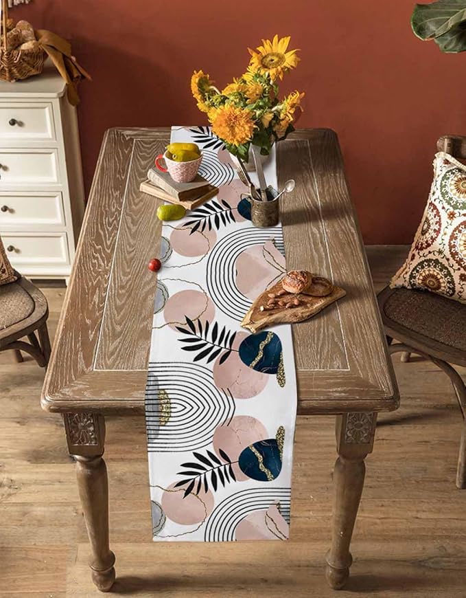 Modern Boho Cotton Linen Table Runner for Dining Kitchen, Wedding Outdoor Party Tablerunners Decoration, Abstract Bohemian Tropical Palm Leaf Dresser Scarf Coffee Tablecloth Runners 13x120 Inches