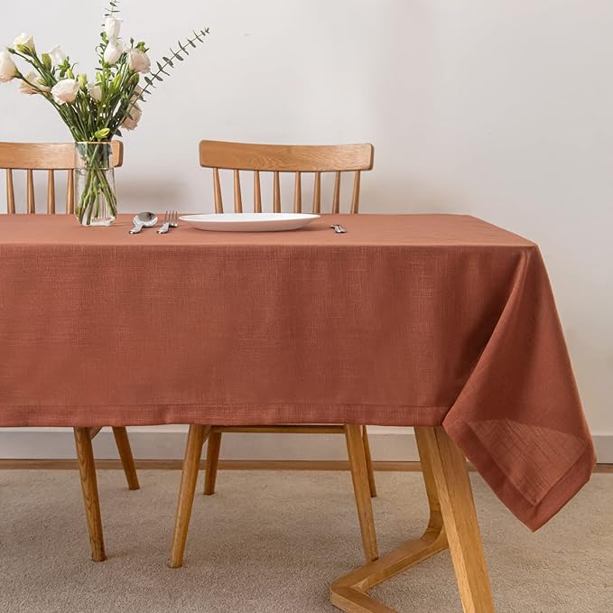 maxmill Lux Faux Linen Tablecloth with Slubby Yarn Textured Weaves Wrinkle Resistant Anti-Shrink Soft Fall Table Cloth for Dining Room Harvest Thanksgiving Decorations Rectangle 60 x 120 Inch Rust