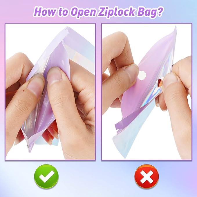 Funfery 100 Pack Gradient Holographic Bags,Mylar Resealable Bags with Zipper,Clear Window Packaging Pouchs,Foil Smell Proof Bag for Food Storage,Sample Jewelry Bag(6.3x9.4In,Purple Blue)
