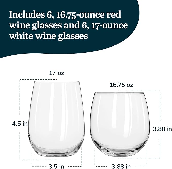 Wine Glasses Set of 12, Stemless Red and White, Dishwasher Safe