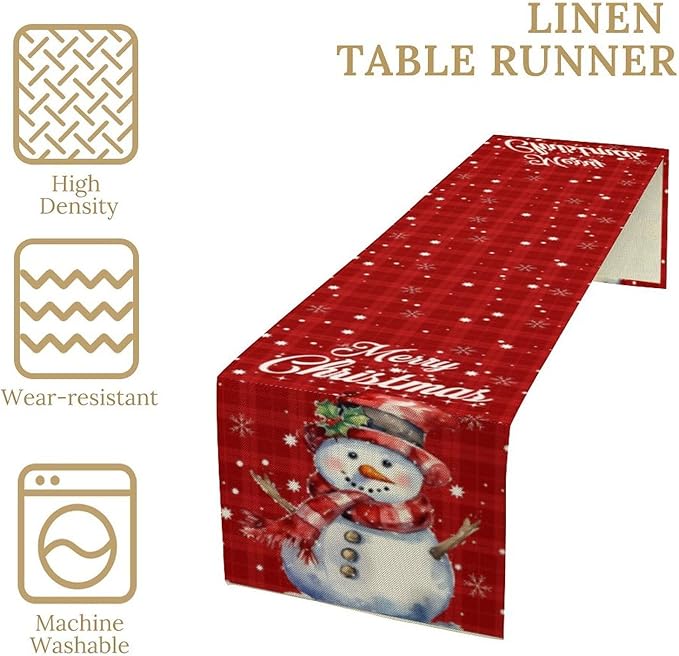 Christmas Table Runner,Christmas Snowman Snowflakes Winter Seasonal Table Cloth Kitchen Dining Table Decoration for Home Party Decor 13x90 Inch