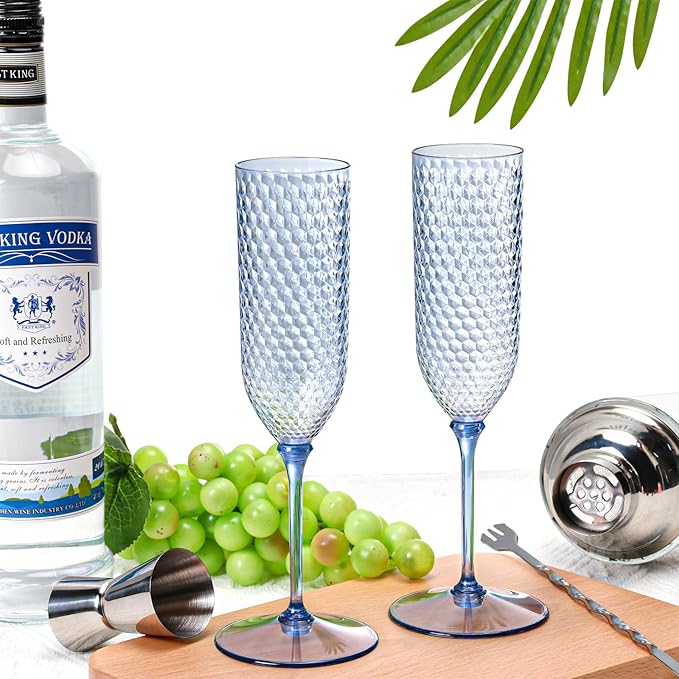 Champagne Glasses 24 Pack, 5.5 oz Detachable Dusty Blue Plastic Flutes