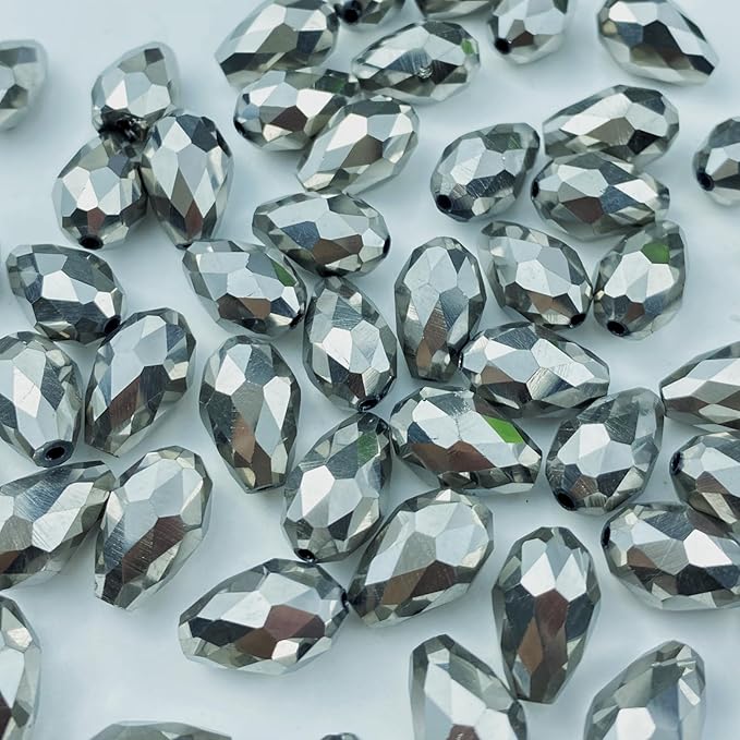 130pcs 6x8mm Teardrop Crystal Glass Beads Vertical Hole Faceted Glass Teardrop Spacer Beads for Bracelets Necklace Earring DIY Jewelry Making Craft(Silver)