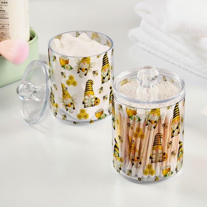 Qtip Holder Dispenser 2 Pack Gnome Bees Flying Dwarf Daisy Apothecary Jars with Lids Bathroom Vanity Countertop Canister Storage Organizer for Cotton Ball,Swabs,Pads,Floss