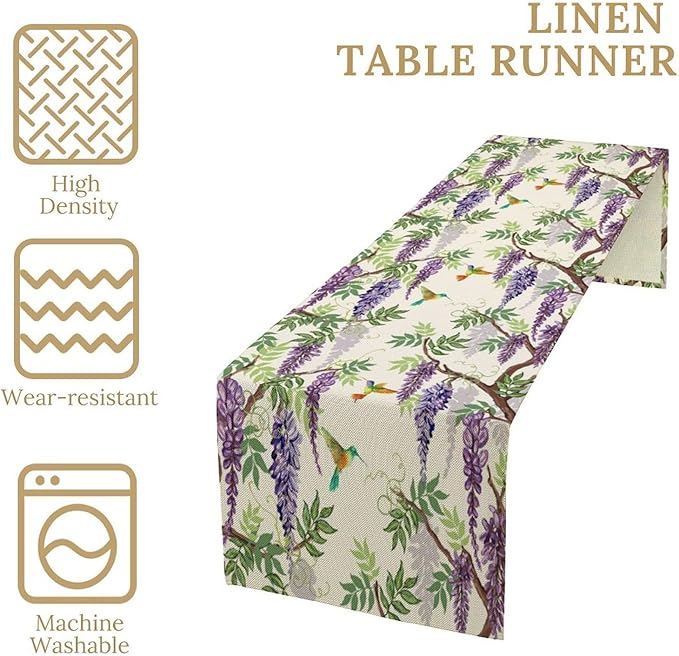 Vintage Bird Flower Table Runner Seasonal Spring Purple Wisteria Garden Plants Lavender Florals Farmhouse Country Kitchen Dinner Runner Dining Table Decoration for Home Party Holiday 13"x70"