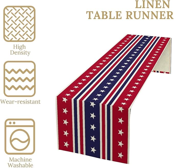 4th of July Table Runner, USA Flag Stars Stripes American Independence Day Red Blue White Stars Lines Print Table Cover for Farmhouse Kitchen Indoor Outdoor Home Party, 13x120inch