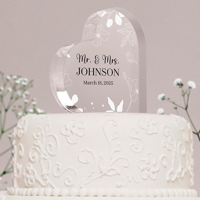 Non-Edible Cake Topper: Personalized Heart Acrylic Block, 2 Sizes, 7 Colors