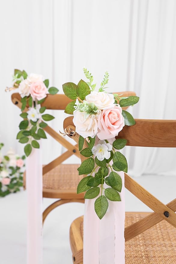 Artificial Pink Rose Wedding Aisle Flowers, 10 Pieces with Chiffon Ribbon